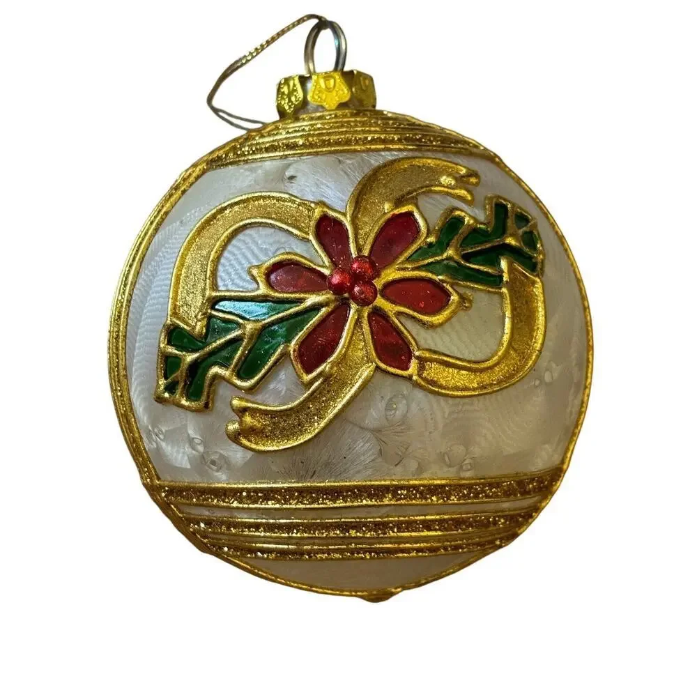 SATIN Poinsettia BALL EUROPEAN BLOWN GLASS CHRISTMAS ORNAMENT Gold Foil - Picture 4 of 6